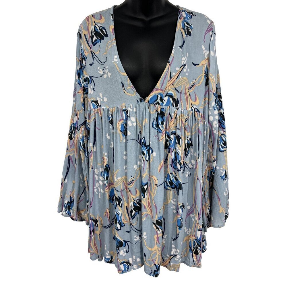 Free People Floral Blouse Top Medium M Gray Blue Pink Women Boho Babydoll VGUC - Picture 1 of 8